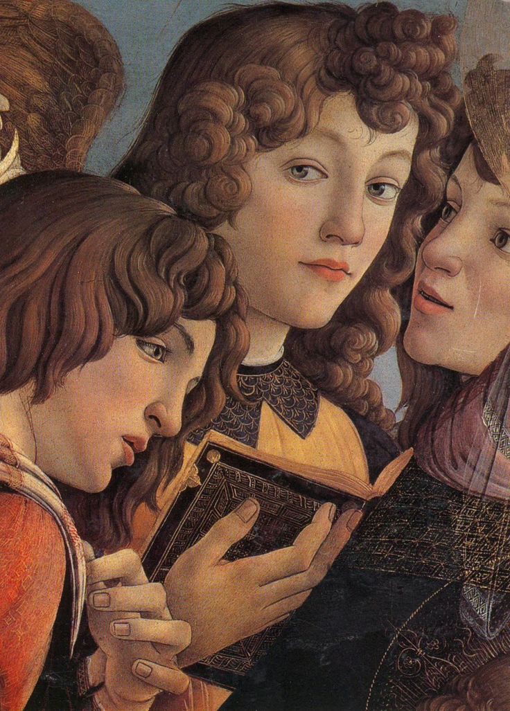 Detalhe de pintura renascentista com figuras reunidas em torno de um livro